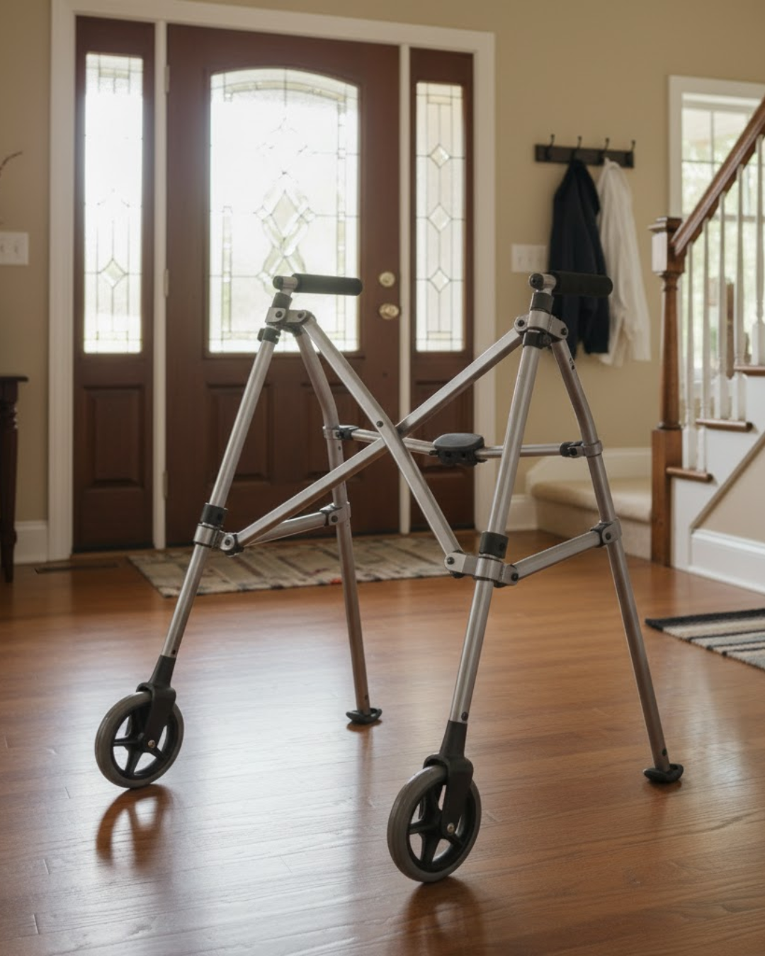 Descripción de la imagen, por ejemplo: Andador GB-903 plegado y compacto